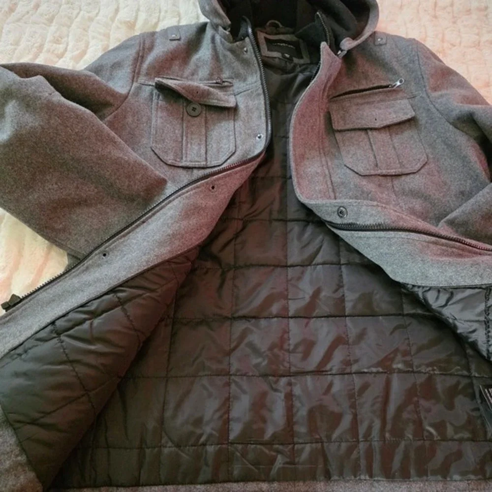 Structure Mens Wool Blend Hooded‎ Field Jacket Charcoal Grey Quilted Lining L